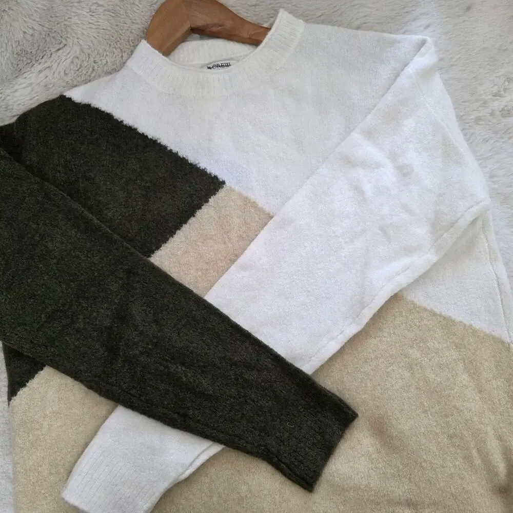 J. Crew Colorblock Mockneck Sweater Merino Wool Blend Green Cream White NWT XS